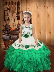 Custom Fit Turquoise Child Pageant Dress Sweet 16 and Quinceanera with Embroidery and Ruffles Straps Sleeveless Lace Up