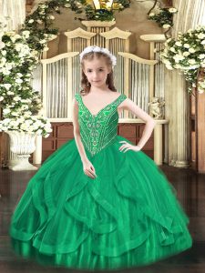 Turquoise Lace Up V-neck Beading and Ruffles Pageant Dress for Girls Tulle Sleeveless