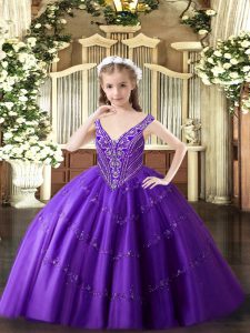 Purple Lace Up V-neck Beading and Appliques Glitz Pageant Dress Tulle Sleeveless