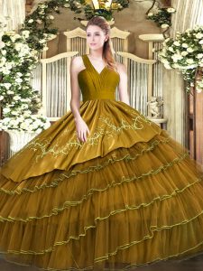 Floor Length Brown 15 Quinceanera Dress V-neck Sleeveless Zipper