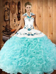 Aqua Blue Ball Gowns Embroidery 15 Quinceanera Dress Lace Up Fabric With Rolling Flowers Sleeveless Floor Length
