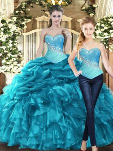 Classical Aqua Blue Sweetheart Lace Up Beading and Ruffles 15 Quinceanera Dress Sleeveless
