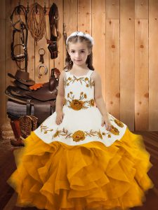 Gold Organza Lace Up Straps Sleeveless Floor Length Little Girl Pageant Dress Embroidery and Ruffles