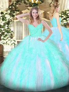 Great Floor Length Ball Gowns Sleeveless Aqua Blue Quinceanera Dresses Zipper