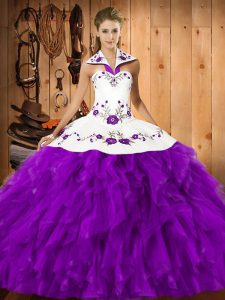 Fabulous Eggplant Purple Ball Gowns Embroidery and Ruffles Quince Ball Gowns Lace Up Satin and Organza Sleeveless Floor Length