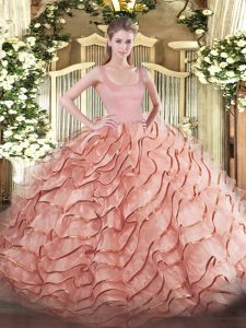 Free and Easy Rust Red Quinceanera Gowns Military Ball and Sweet 16 and Quinceanera with Ruffled Layers Straps Sleeveless Brush Train Zipper