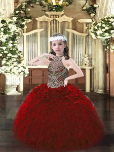 Wine Red Ball Gowns Beading and Ruffles Pageant Dress Lace Up Organza Sleeveless Floor Length