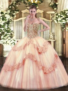 Baby Pink Quinceanera Gowns Military Ball and Sweet 16 and Quinceanera with Beading and Appliques Sweetheart Sleeveless Lace Up