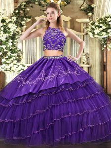 Beauteous Sleeveless Tulle Floor Length Zipper Sweet 16 Dress in Purple with Beading and Embroidery and Ruffled Layers