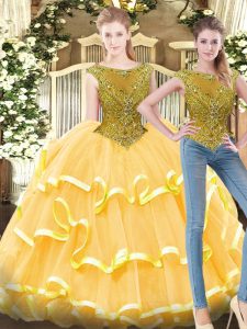 Gold Ball Gowns Tulle Bateau Sleeveless Beading and Ruffled Layers Floor Length Zipper Sweet 16 Quinceanera Dress