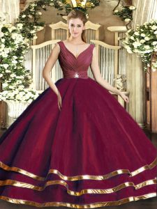 Latest Burgundy Sleeveless Tulle Backless Quinceanera Dress for Sweet 16 and Quinceanera