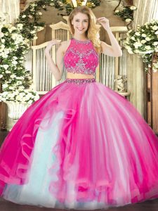 Hot Pink Ball Gowns Beading and Ruffles Quinceanera Dress Zipper Organza Sleeveless Floor Length