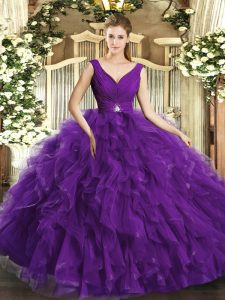 Fashion Organza V-neck Sleeveless Backless Beading and Ruffles Sweet 16 Quinceanera Dress in Purple