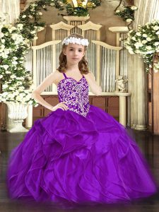 High Quality Purple Straps Lace Up Beading and Ruffles Pageant Dress for Teens Sleeveless
