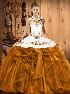 Brown Satin and Organza Lace Up Quinceanera Gowns Sleeveless Floor Length Embroidery and Ruffles