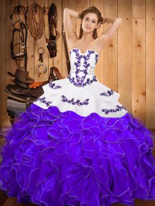 White And Purple Strapless Lace Up Embroidery and Ruffles 15 Quinceanera Dress Sleeveless