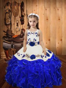 Ball Gowns Pageant Gowns Royal Blue Straps Organza Sleeveless Floor Length Lace Up
