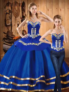 Blue Lace Up Sweetheart Embroidery 15 Quinceanera Dress Satin and Tulle Long Sleeves