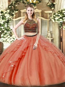 Graceful Rust Red Ball Gowns Organza Halter Top Sleeveless Beading and Ruffles Floor Length Zipper Quinceanera Dresses