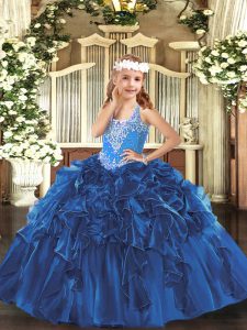 Custom Design Floor Length Lace Up Glitz Pageant Dress Blue for Party and Quinceanera with Beading and Ruffles