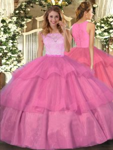 Hot Pink Organza Clasp Handle Scoop Sleeveless Floor Length Sweet 16 Quinceanera Dress Lace and Ruffled Layers