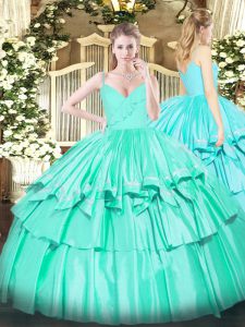 Turquoise Spaghetti Straps Zipper Ruffled Layers Quinceanera Gowns Sleeveless