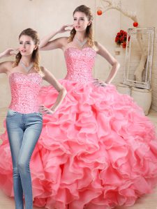 Ideal Watermelon Red Ball Gowns Sweetheart Sleeveless Organza Floor Length Lace Up Beading and Ruffles Quinceanera Gowns
