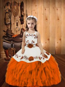 Orange Ball Gowns Organza Straps Sleeveless Embroidery and Ruffles Floor Length Lace Up Pageant Dress Toddler