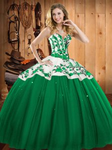 Sleeveless Floor Length Embroidery Lace Up Quinceanera Gowns with Dark Green