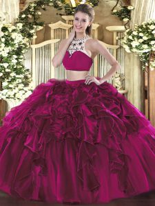 Flirting Sleeveless Tulle Floor Length Backless Sweet 16 Quinceanera Dress in Fuchsia with Beading and Ruffles