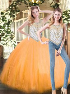 Nice Orange Red Sleeveless Tulle Zipper Vestidos de Quinceanera for Military Ball and Sweet 16 and Quinceanera