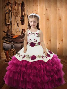 Attractive Embroidery and Ruffled Layers Girls Pageant Dresses Fuchsia Lace Up Sleeveless Floor Length