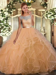 Luxurious Gold Sleeveless Floor Length Lace and Ruffles Backless Quinceanera Dresses