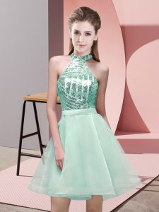 Apple Green Chiffon Backless Quinceanera Court Dresses Sleeveless Mini Length Sequins