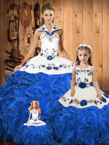 Top Selling Blue Sleeveless Embroidery and Ruffles Floor Length Quinceanera Gown