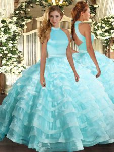 Halter Top Sleeveless Backless Sweet 16 Dresses Aqua Blue Organza