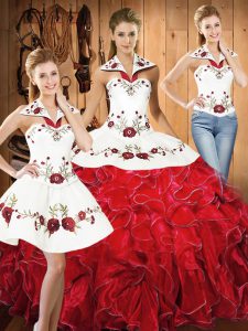 Cute White And Red Sweet 16 Dress Military Ball and Sweet 16 and Quinceanera with Embroidery and Ruffles Halter Top Sleeveless Lace Up