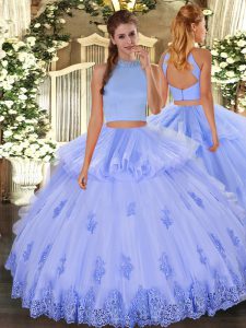 Best Selling Light Blue Two Pieces Halter Top Sleeveless Tulle Floor Length Backless Beading and Appliques and Ruffles Quinceanera Dress