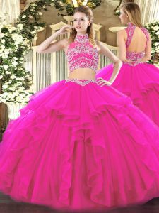 Sleeveless Tulle Floor Length Backless Quinceanera Gowns in Fuchsia with Beading and Ruffles