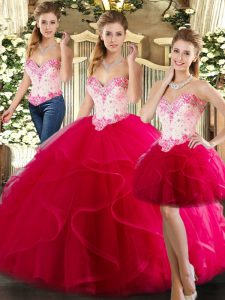 Hot Pink Three Pieces Beading and Ruffles Quince Ball Gowns Lace Up Organza Sleeveless Floor Length
