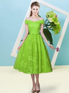 Cap Sleeves Lace Tea Length Lace Up Vestidos de Damas in Yellow Green with Bowknot