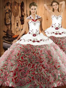 Inexpensive Multi-color Halter Top Lace Up Embroidery Ball Gown Prom Dress Sweep Train Sleeveless