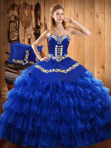 Glamorous Blue Ball Gowns Strapless Sleeveless Satin and Organza Floor Length Lace Up Embroidery and Ruffled Layers Quinceanera Dresses