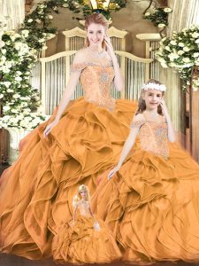 Sleeveless Floor Length Beading and Ruffles Lace Up Vestidos de Quinceanera with Orange Red