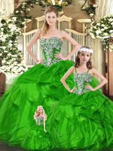 Graceful Green Lace Up Strapless Beading and Ruffles 15 Quinceanera Dress Organza Sleeveless