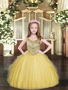 Scoop Sleeveless Pageant Gowns Floor Length Beading and Ruffles Gold Tulle