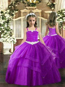 Purple Sleeveless Tulle Lace Up Little Girl Pageant Gowns for Party and Quinceanera