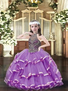 Simple Sleeveless Floor Length Beading Lace Up Pageant Dress Womens with Lavender