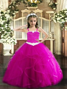 Sleeveless Floor Length Appliques and Ruffles Lace Up Pageant Dress for Girls with Fuchsia