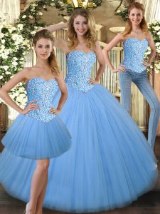 Fashion Ball Gowns Quinceanera Dresses Baby Blue Sweetheart Tulle Sleeveless Floor Length Lace Up